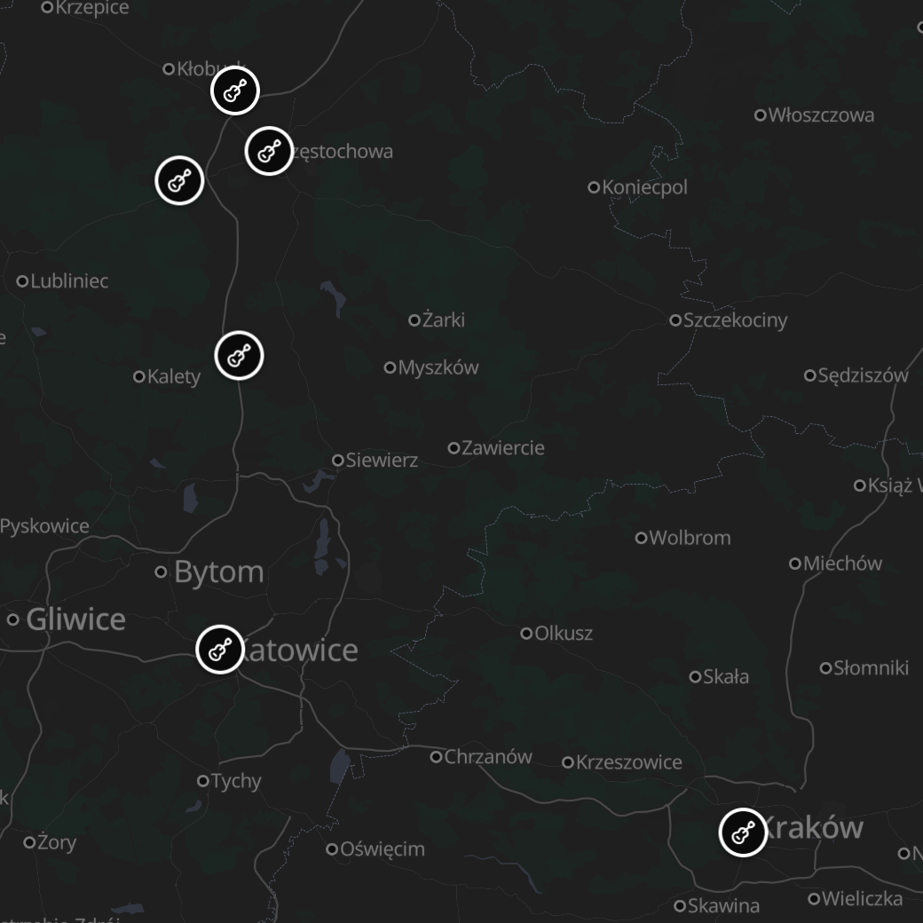 Mapa z zaznaczonymi miejscami koncertów The Clutches